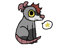 pixel art gif of an opossum with a red tuft of hair opening its mouth. there is a speech bubble with a star inside it.