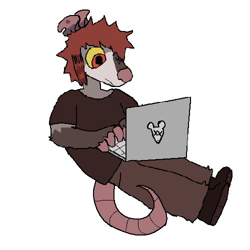 pixel art gif of an opossum character typing on a laptop and then waving at the viewer